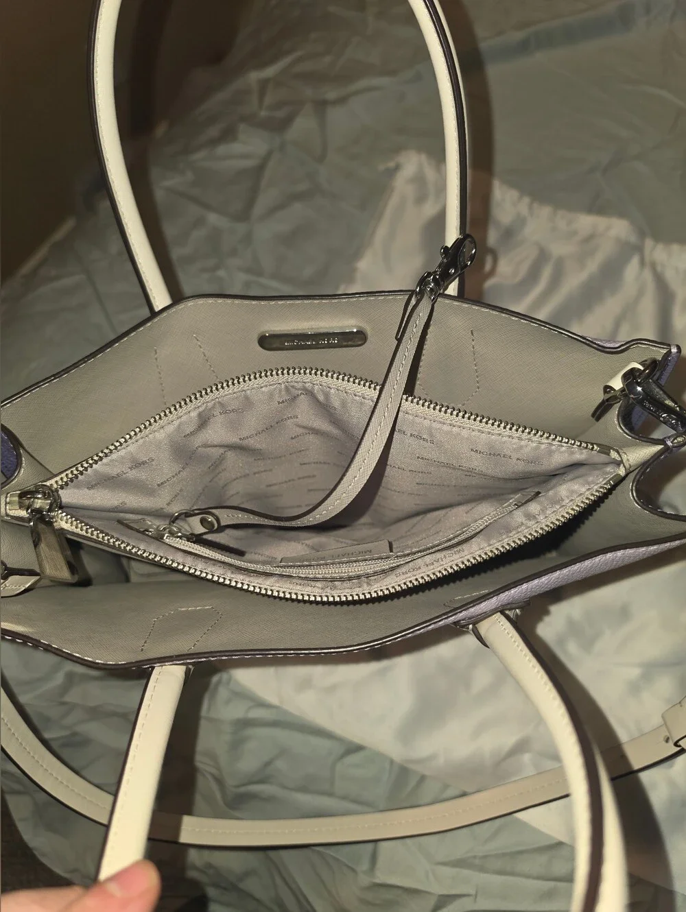 Michael Kors Mercer Large Lavender and Purple Leather Satchel with Cream Handles